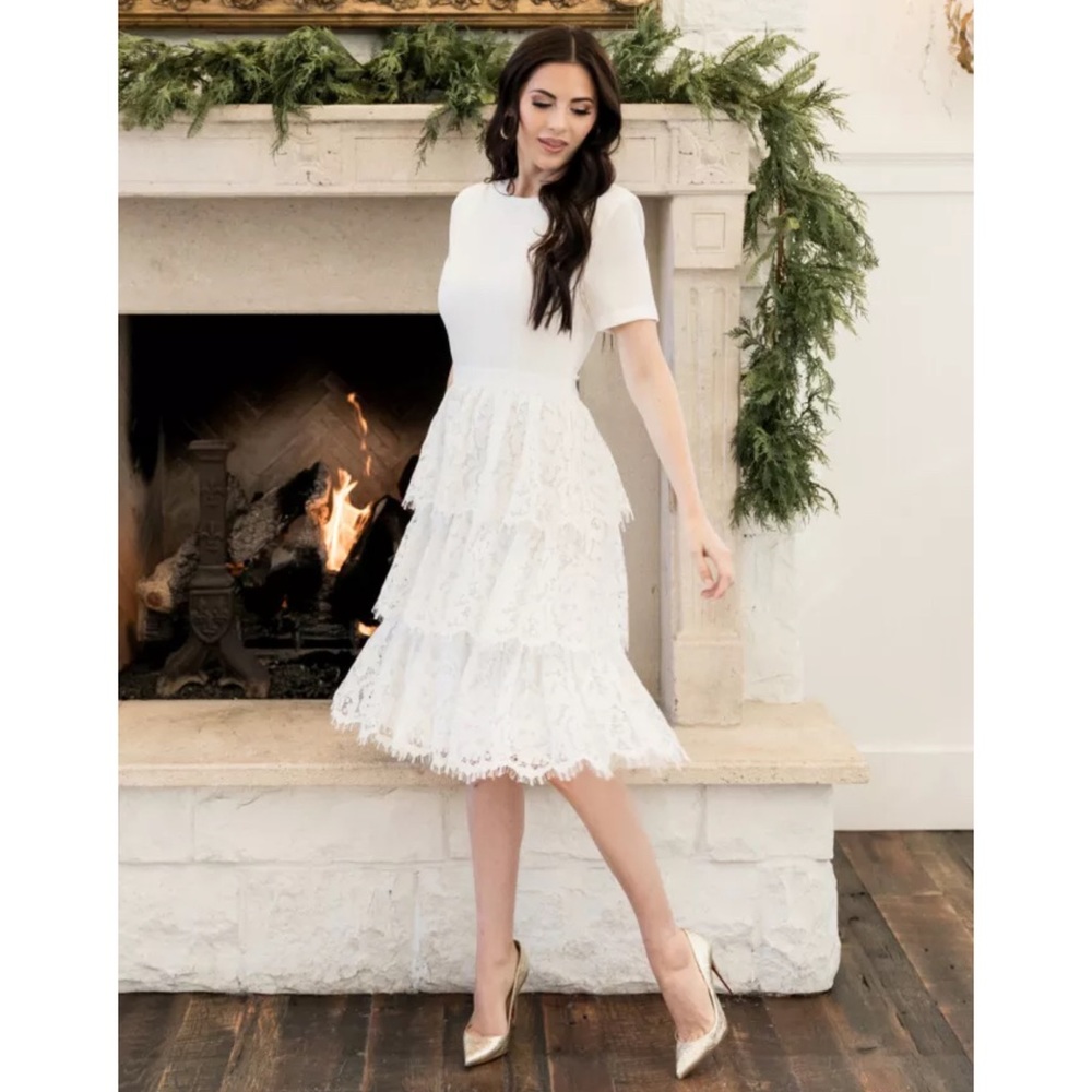 Rachel Parcell White Tiered Ruffle Mix Lace Dress